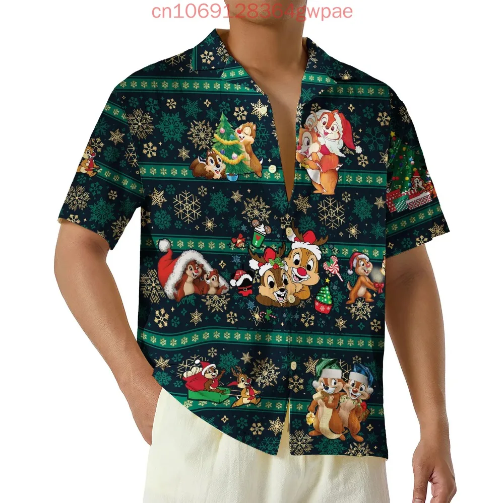 

Disney Chip and Dale Christmas Hawaiian Shirt Men's Women's Casual Short Sleeved Shirt Tops Cartoon Kids Button Up Beach Shirt