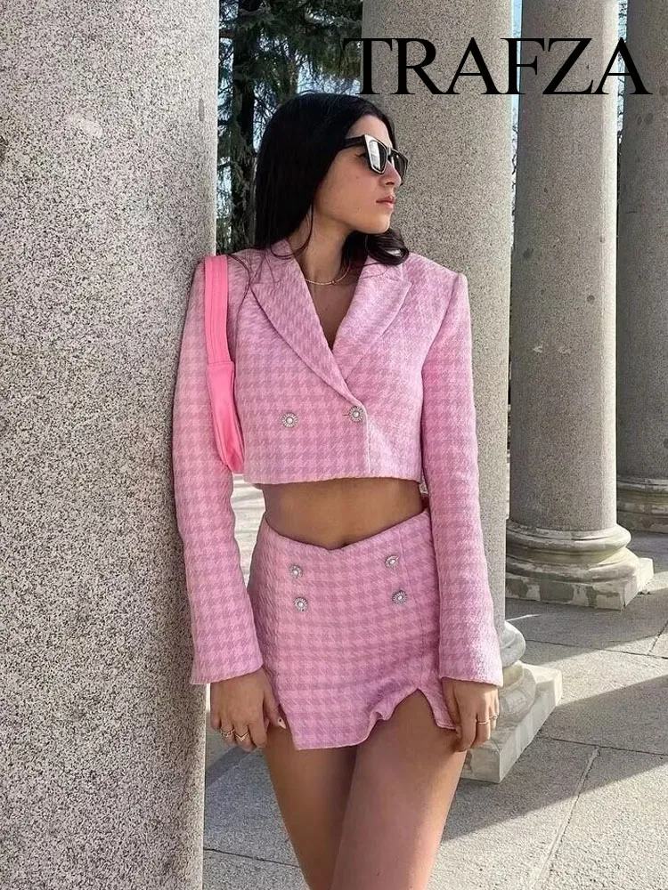 TRAFZA 2024 Autumn Women Fashion Houndstooth Culottes Set Trend V Neck Cropped Blazer Top + Zipper Fly Streetwear Female Shorts