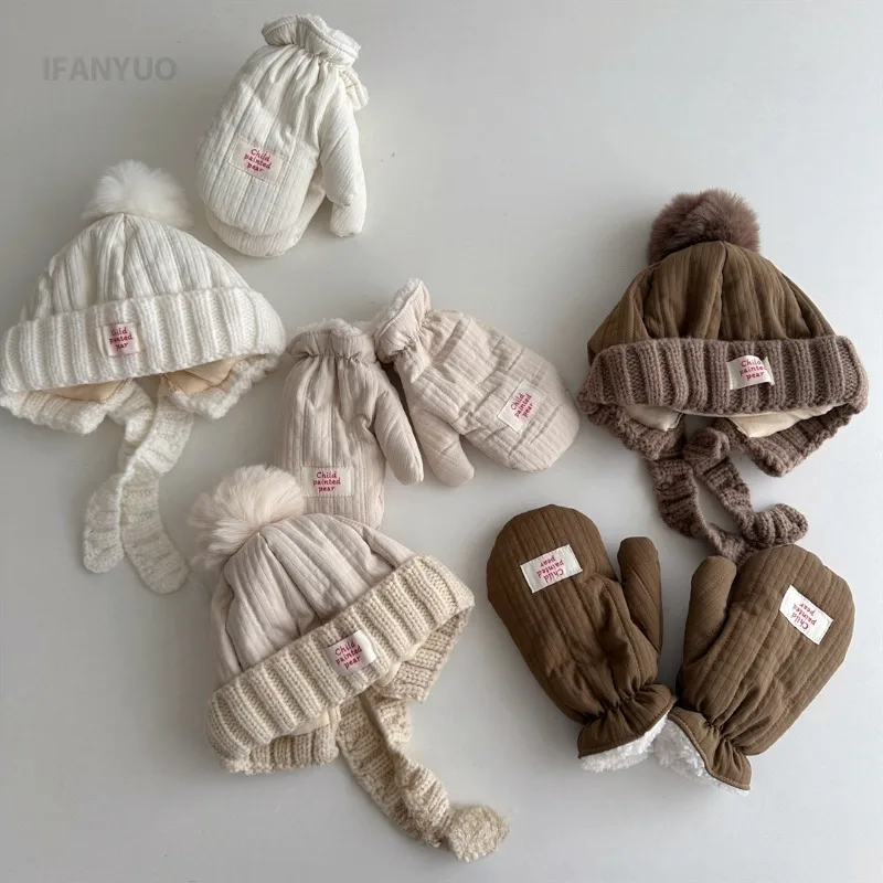 Baby Hat Gloves Set Knitted Cotton Hat Boys Girls Aged 3-8 Years Old Cotton Head Protect Winter Children's Windproof Mittens