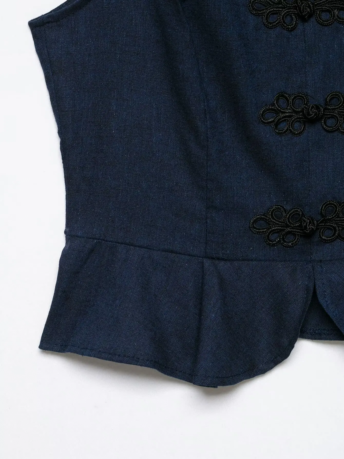 HH Minimalistische Elegante Jeansweste mit Chinesischen Froschknöpfen, Stehkragen und Schößchen für Frühling und Herbst, Business-Casual Bürokleidung – Detail 5