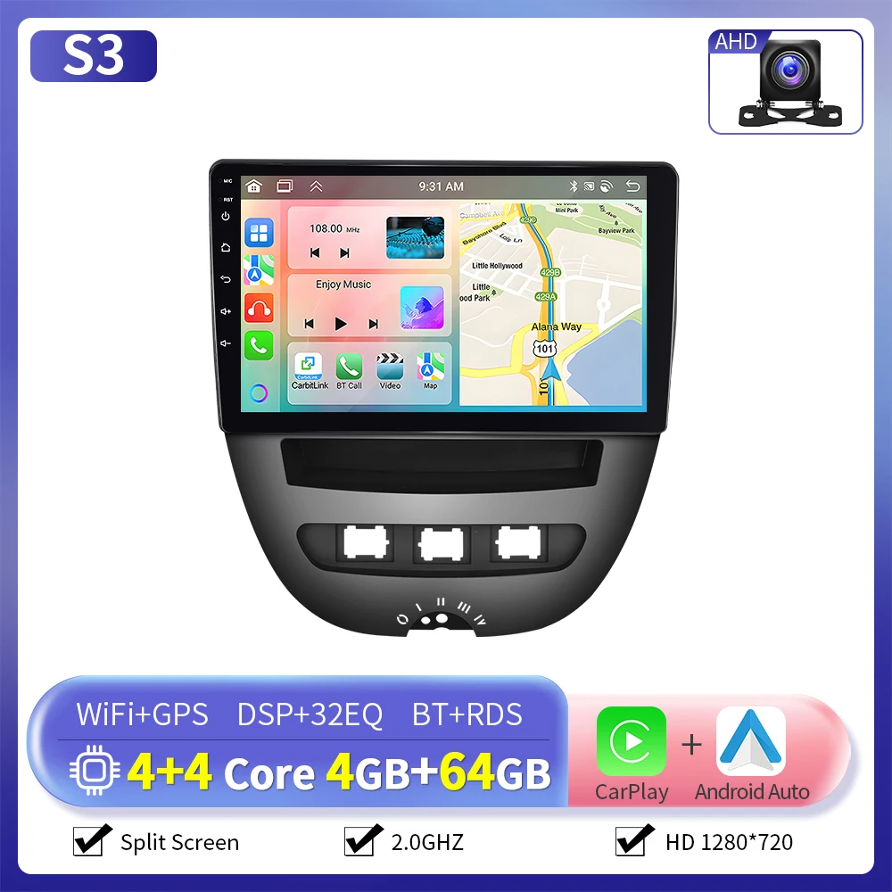 Camecho 6 + 128G CarPlay Android Auto Radio voor Toyota Aygo 2004-2014/PEUGEOT 107/Citroën C1 Multimedia Speler GPS Stereo WIFI