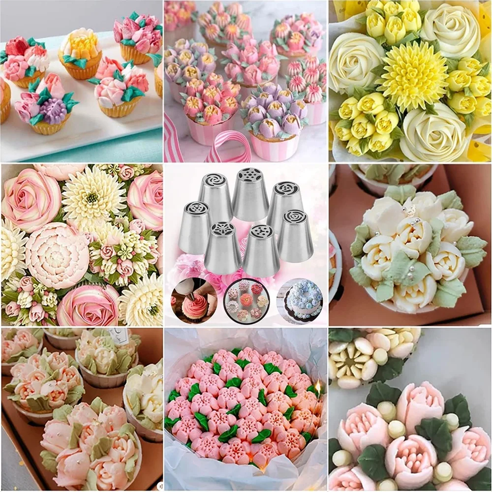 55 Pcs Russian Piping Tips Cake Decorating Set Baking Supplies Set Cupcake Rosette Stainless Steel Nozzle Frosting  Pastry Cake