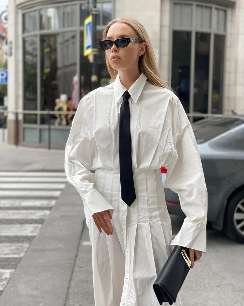 BKLD 2025 Autumn New Fashion Pure Cotton Shirt Dress Women Clothing Commuter Split Long Sleeve High Waist Slimming Pleated Dress