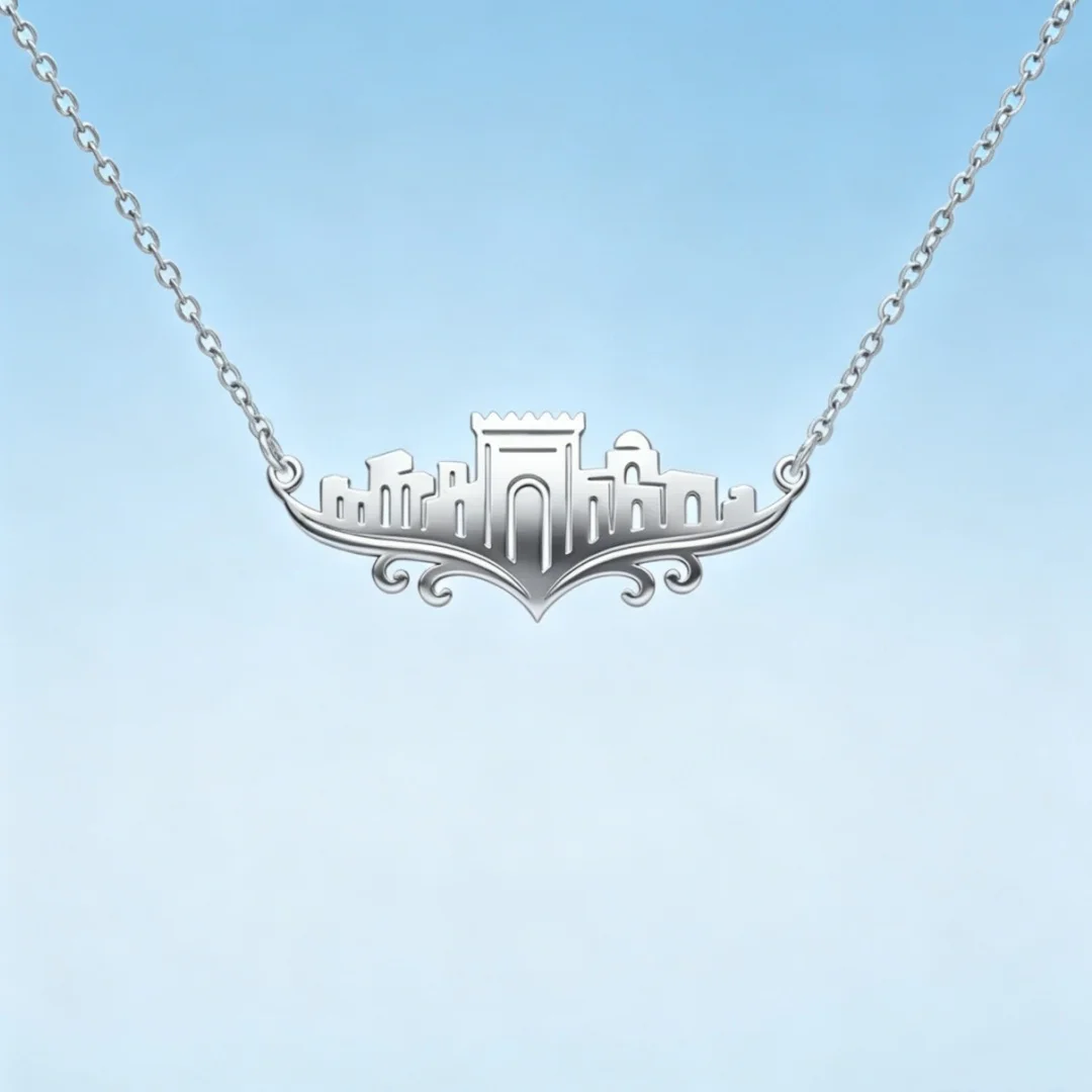 Neu eingetroffen: Edelstahl-Halskette mit Jerusalem-Burg-Landschaft, Vintage-Tempel-Umriss-Choker für Damen, religiöser Schmuck – Detail 2