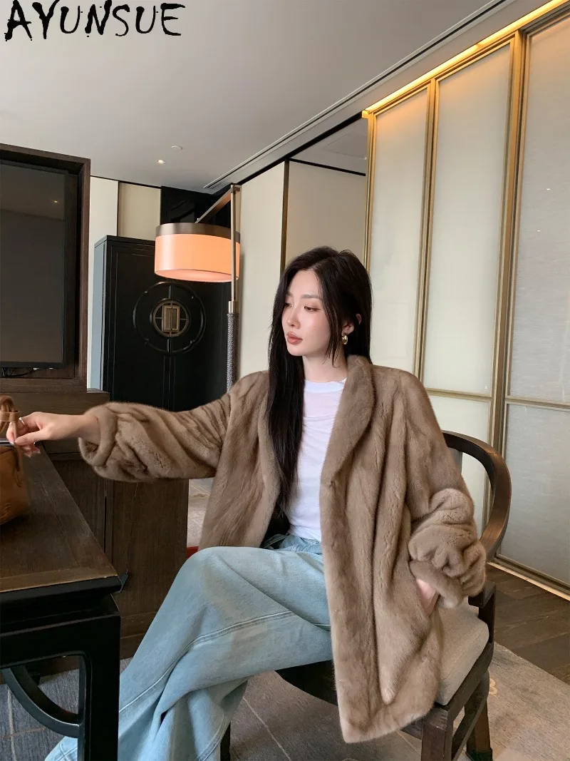 AYUSNUE Natural Mink Fur Coat Whole Mink Womens Winter Coats Velvet Fashion Winter Cllothes  Mid-length Clothing 여성 자켓