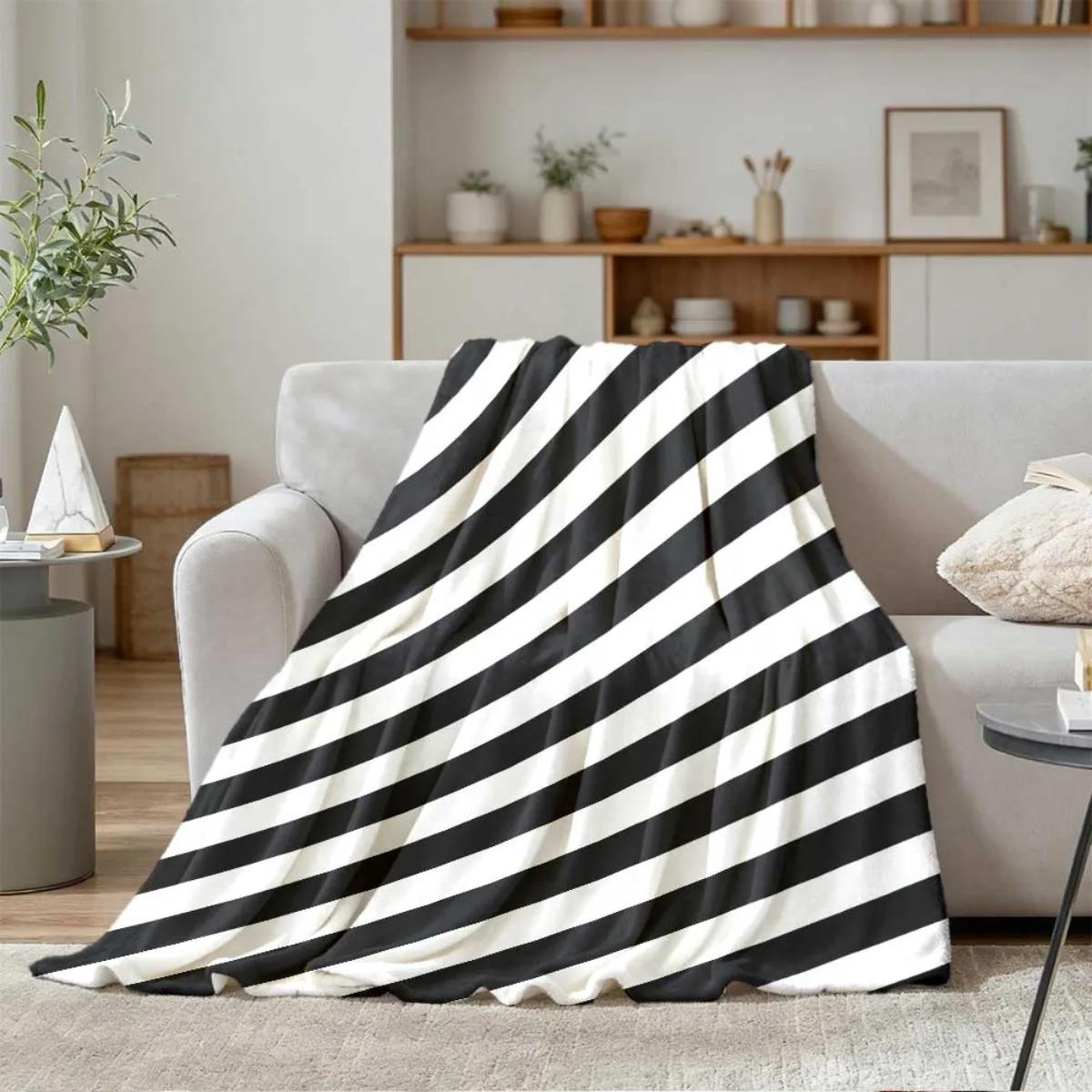 Classic Black White Stripe Flannel Throw Blanket, Simple Diagonal Striped Print Soft Warm Blanket for Sofa Bedroom Decor