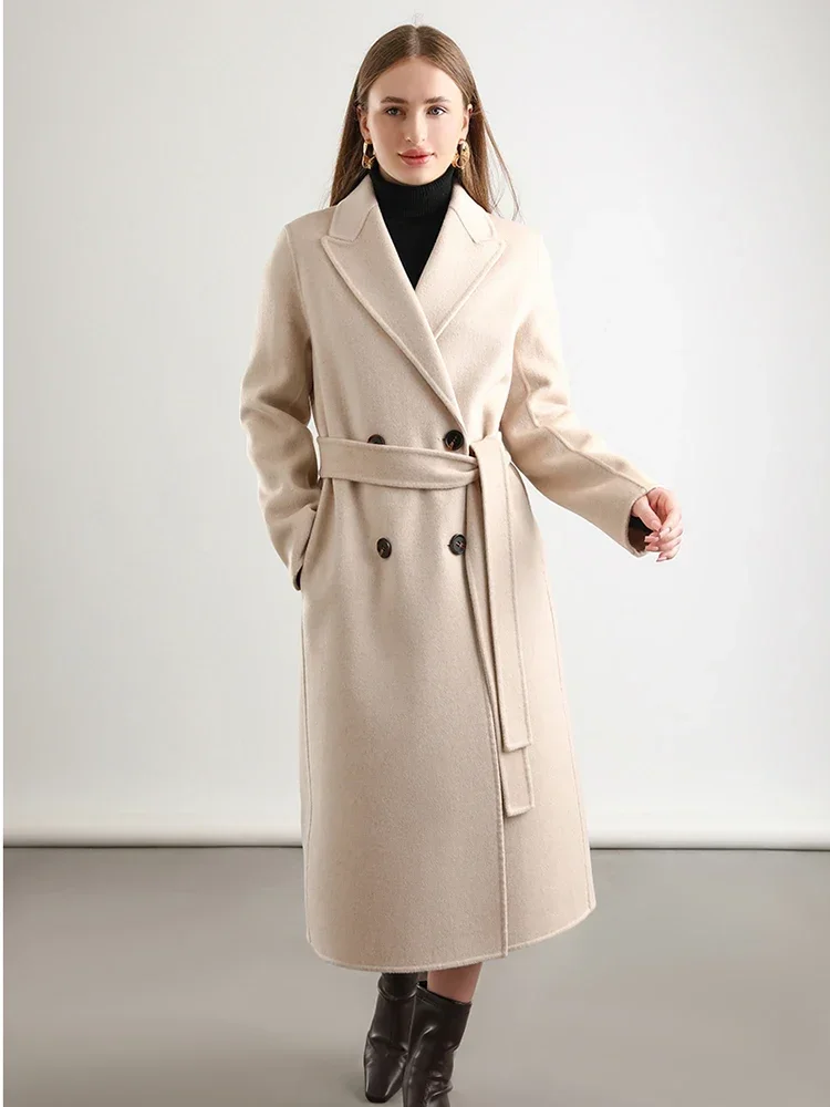 Imagem -04 - Sobretudo de Lapela de lã Trespassado Feminino com Cinto Cabolsa Longo Trench Coat 100 lã Senhoras Trf za Roupas Femininas Outono Inverno 19