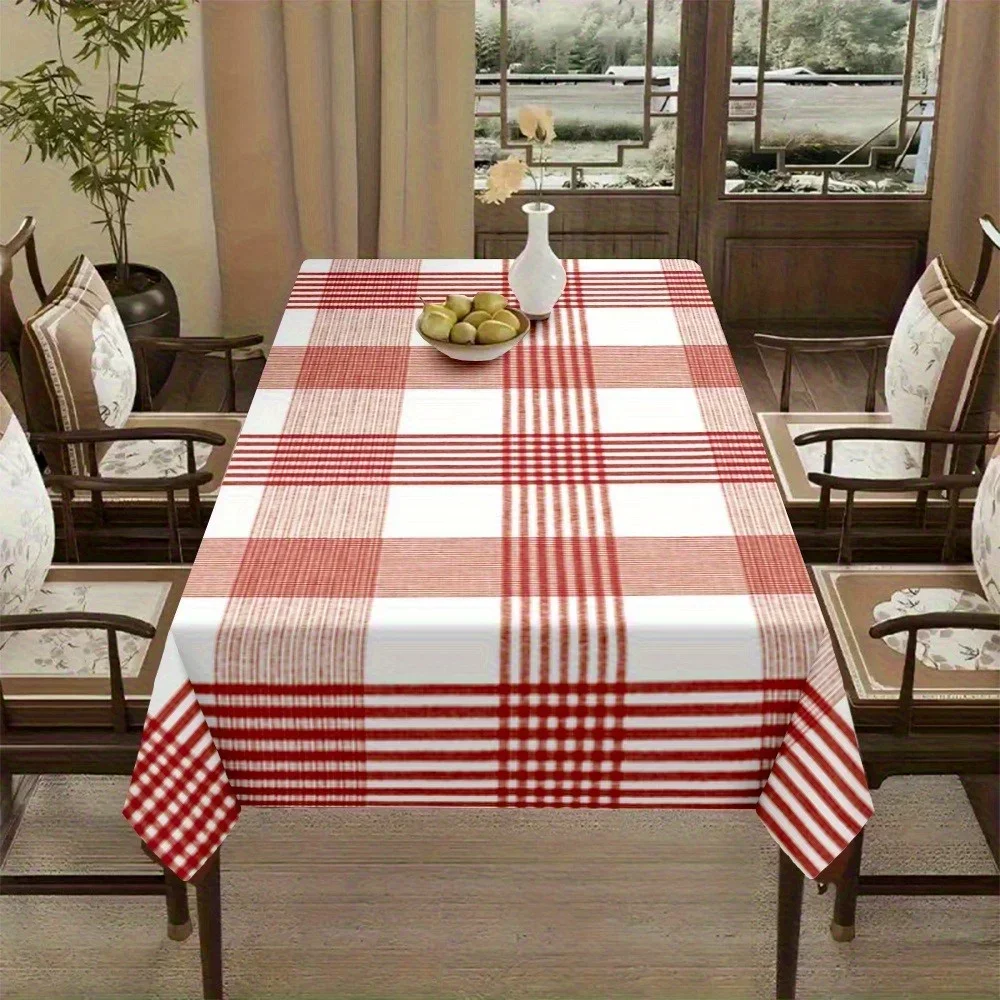 One red and white checkered tablecloth, creating a simple dining atmosphere. Rectangular, durable polyester fabric.zyc