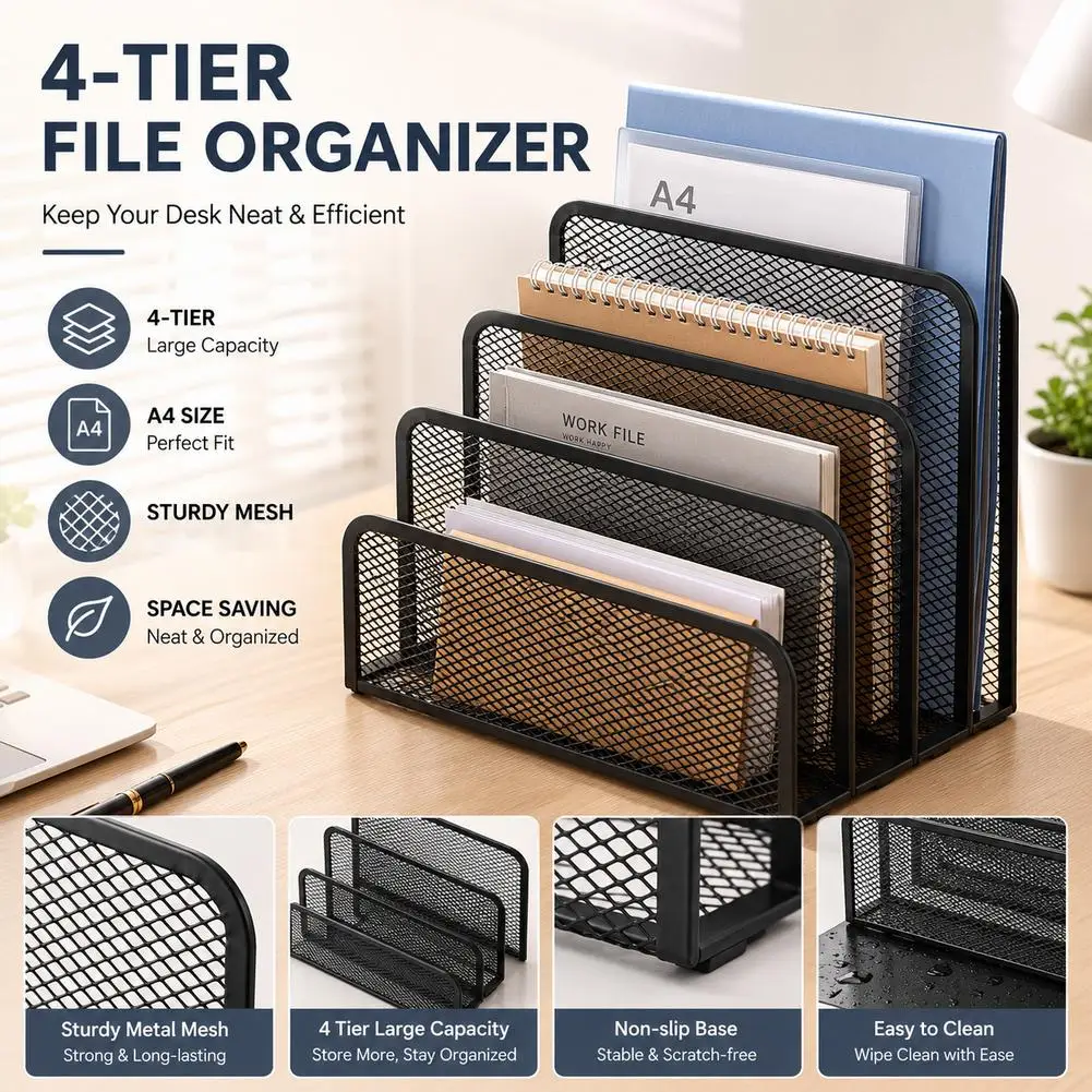 3 Tier Black Mesh Desktop Organizer Mail Sorter Paper Letter Holder Metal Desk File Rack Countertop Storage Caddy for Office