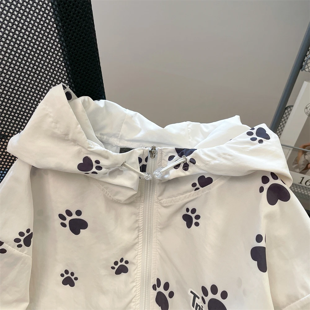 Japanse Schattige Hond Paw Print Capuchon Zonnebrandjas Voor Dames Zomer Losse Casual Lange Mouwen Vest Dameskleding