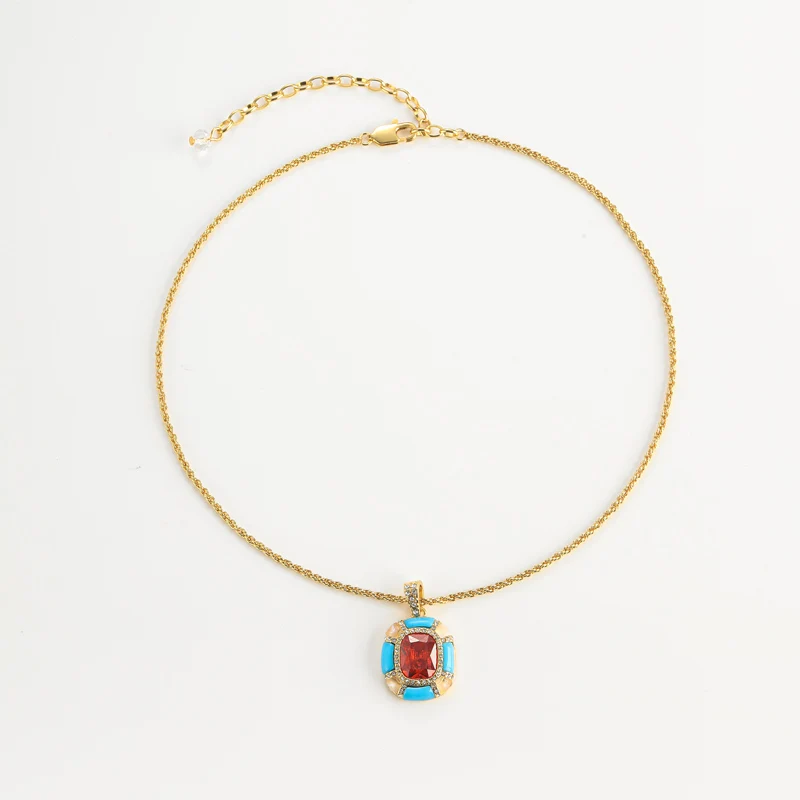 Vintage Blue Enamel Ruby Square Pendants And Charms Necklace Antique Gold Color Chain Women'S Accessories Mothers Day Gift 2025