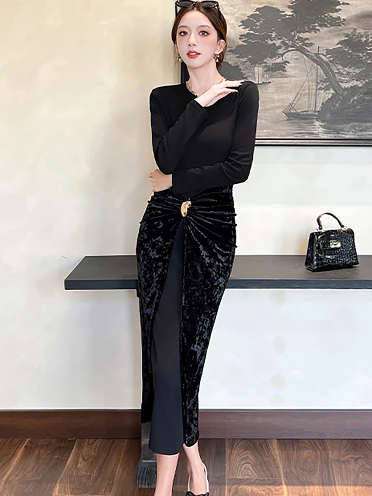 

Women Korean Vintage Luxury Evening Dress Autumn Winter Black Patchwork Velvet Chic Long Dress 2025 Elegant Bodycon Party Dress