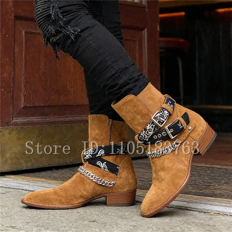 

Модные мужские замшевые ботинки челси с острым носком, на массивном каблуке, в стиле вестерн, с металлической цепочкой и пряжками, повседневная обувь в стиле панк