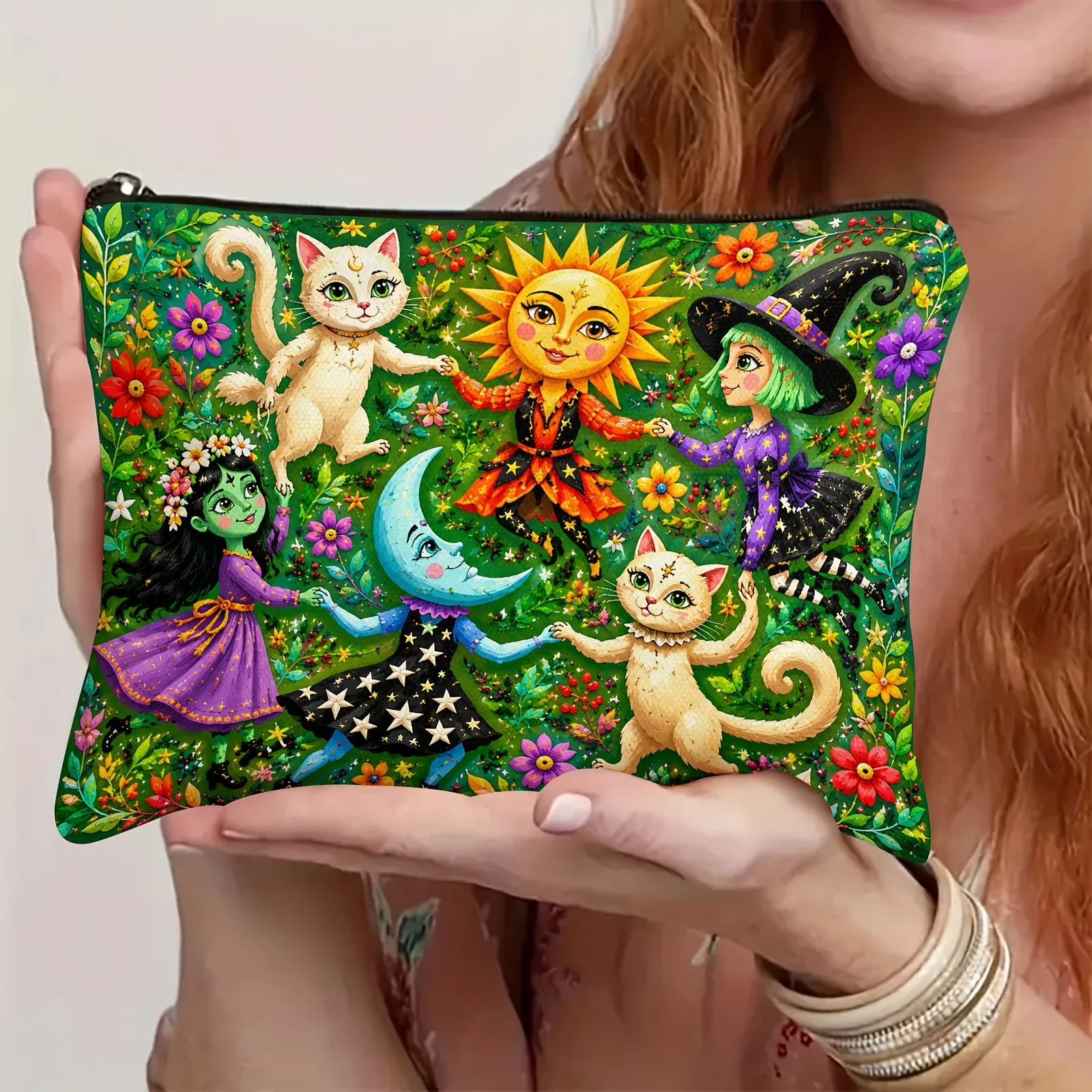 Enchanted Forest Wizard's Ball A Double-sided Printed Cosmetic Bag Featuring the Sun, Moon, Witches, and Cats Joyfully Bag