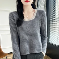 Spring Autumn New 100% Merino Wool sweater Women's Round Neck Knitted Pullover Fashion Short Top Long Sleeve Women's Clothing