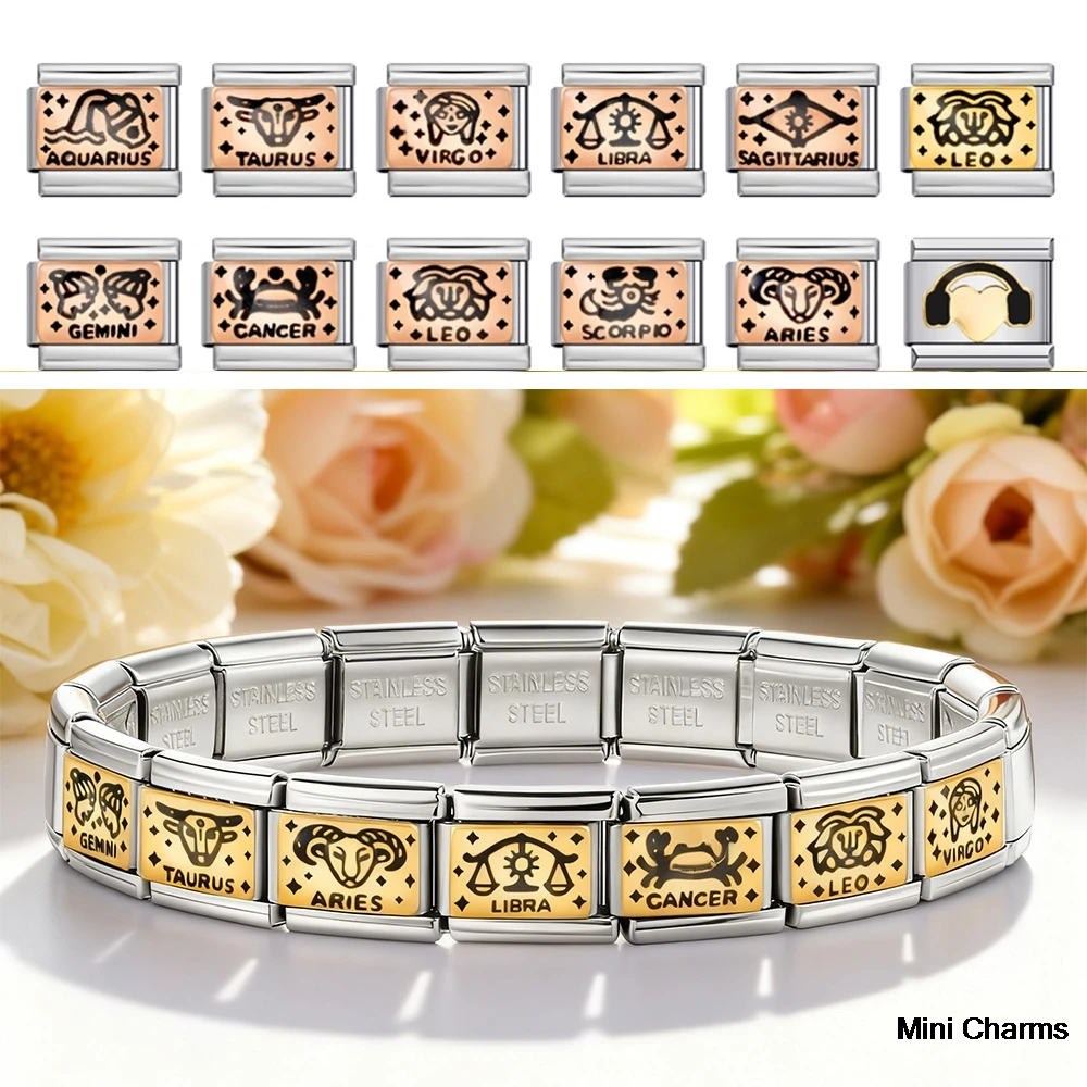 Modische 12 Sternzeichen Italienische Charms Passend für 9mm Damen- und Herrenarmbänder Edelstahl DIY Schmuckherstellung Perlen Großhandel – Detail 1