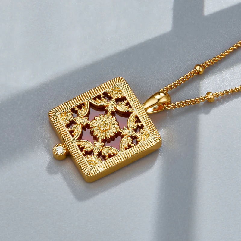 Red Agate S925 Silver Gold Plated Square Pendant Necklace Zircon Paper-cuts on Window Ethnic Luxury  Necklaces 2023 New Gift