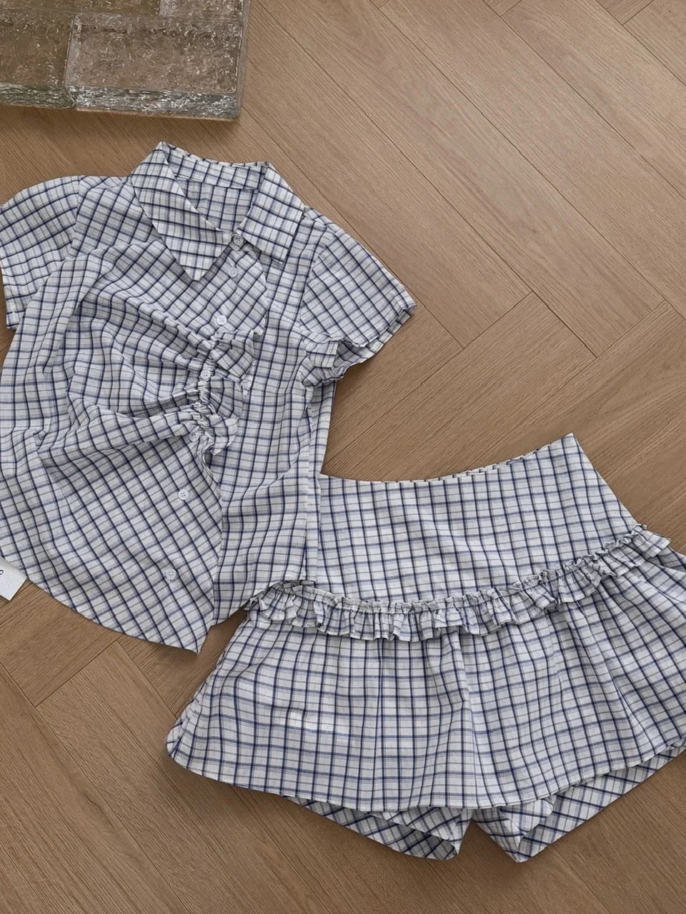 

Сине-белый клетчатый дизайн, комплект irt с плиссированной талией, утягивающая деревянная юбка на одной пуговице, брюки с высокой талией, пышные брюки