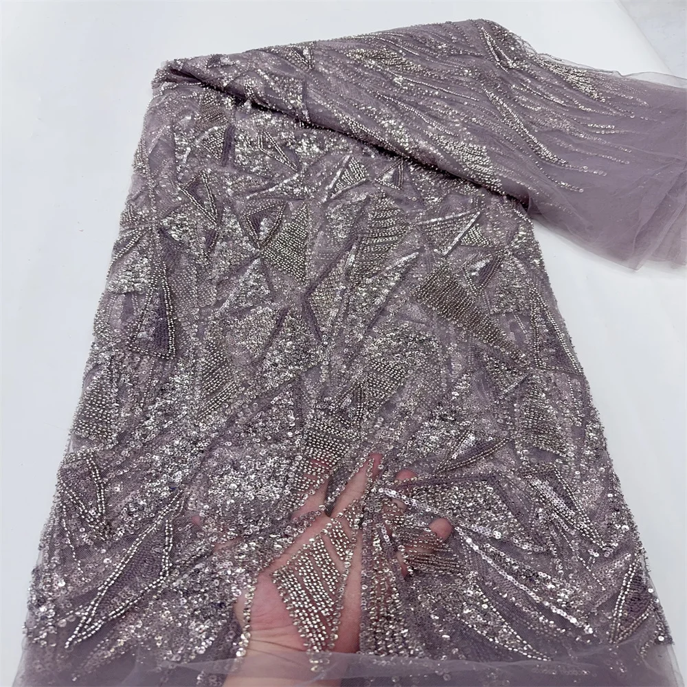 

2025 New African French Nigerian Lace Fabric With Beads Sequins Mesh for Embroidery Wedding Party Bride Sewing Dress