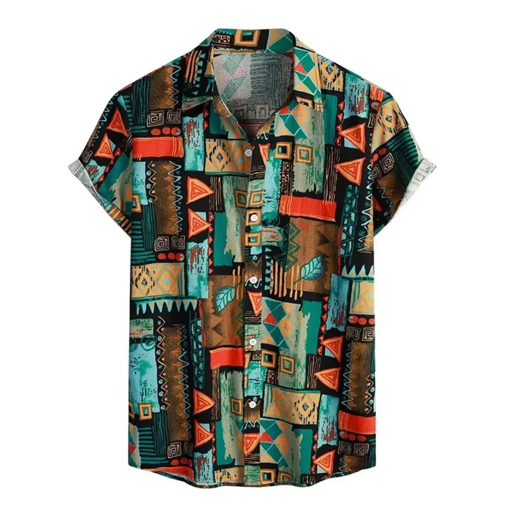 Vintage Bohemian Tribal Abstract Pattern Shirt, Niche Personality, Slimming Men's Short Sleeved Top