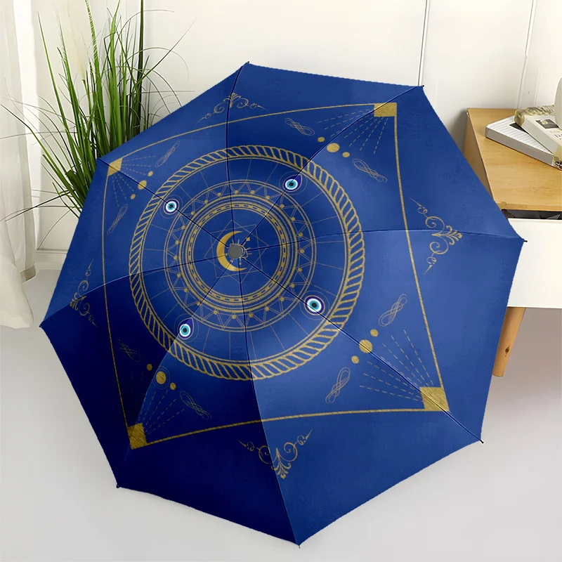 

Элегантный синий зонт с круговым художественным принтом и золотыми геометрическими узорами - милый зонт с красивым дизайном, портативный, складной в 3 сложения.