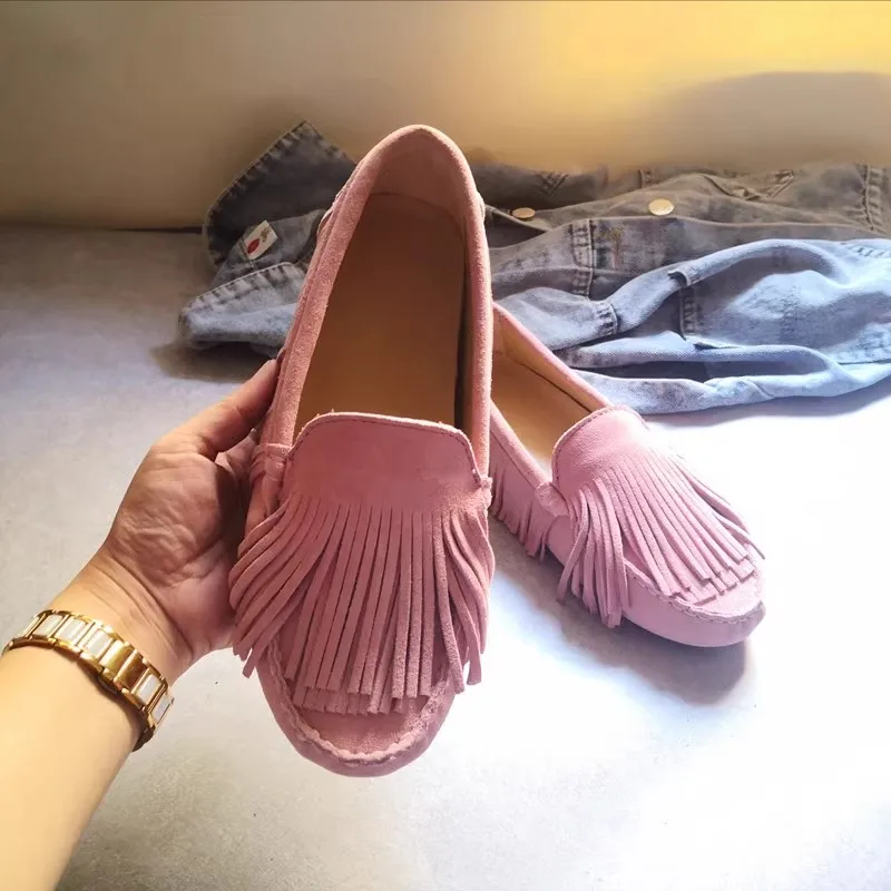 New Real Leather Tassel Covered Flat Ballet Shoes Round Toe Comfortable Leisure Shoes Fringed Moccasin Gommino Shoes