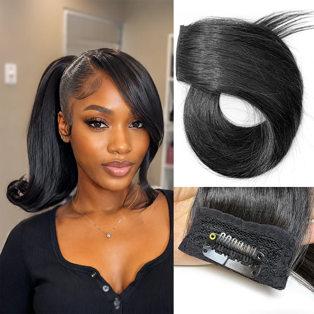 Single Clip in Human Hair Extension Bone Straight 1PC 25g  Natural Black Color Side Swoop Bangs Face Framing Hairpiece For Women