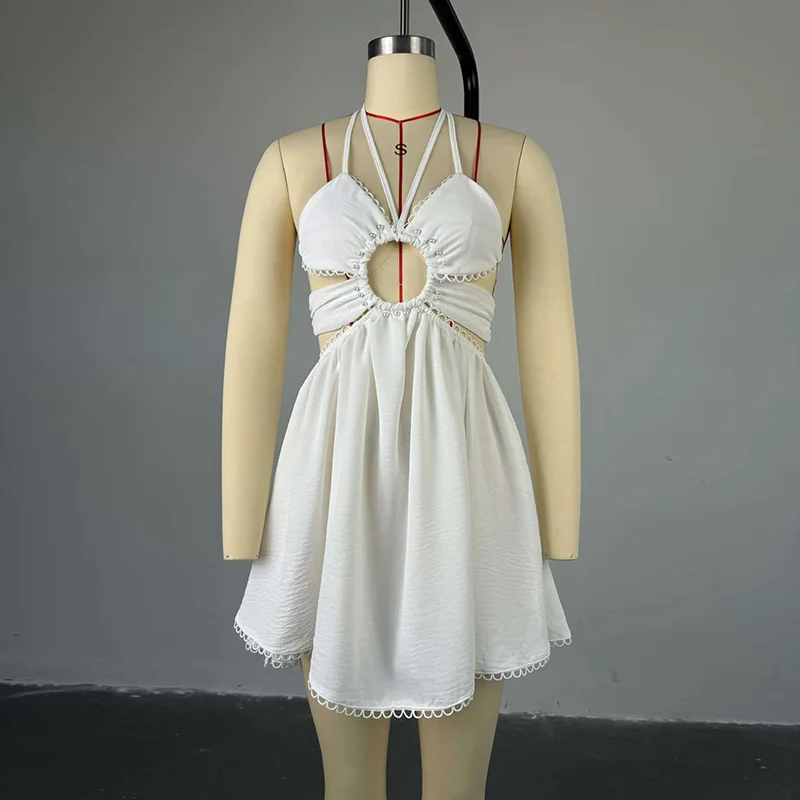 Slergiri Damska Biała Sukienka z Wycięciami i Koralikami, Wiązana na Szyi, Jesień 2024, Seksowna, Bez Pleców, z Wysokim Stanem, Słodka Sukienka na Imprezę, Krótka Sukienka w Kształcie Litery A