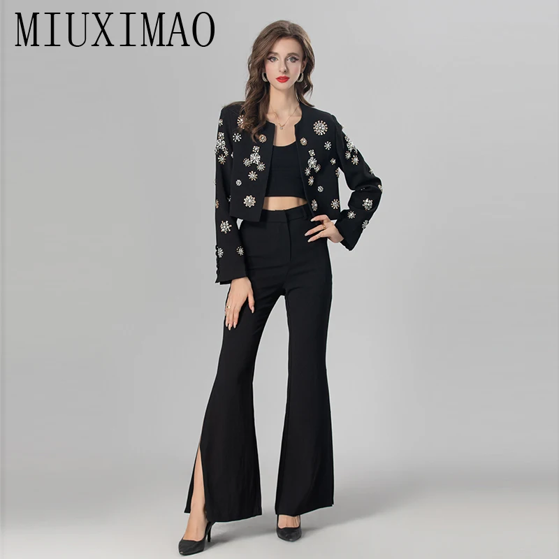 

MIUXIMAO 2024 Fall Fashion Vintage 2 piece set women Luxurious Diamonds Black Tops + Full Length Pants jumpsuit Women