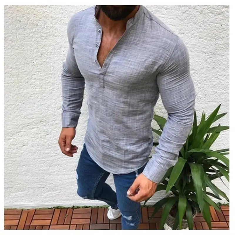 

Осенняя длинная мужская льняная белая блузка Youth Faion Cheered Fabric Regular Thin Long Sve Button-Up M Top