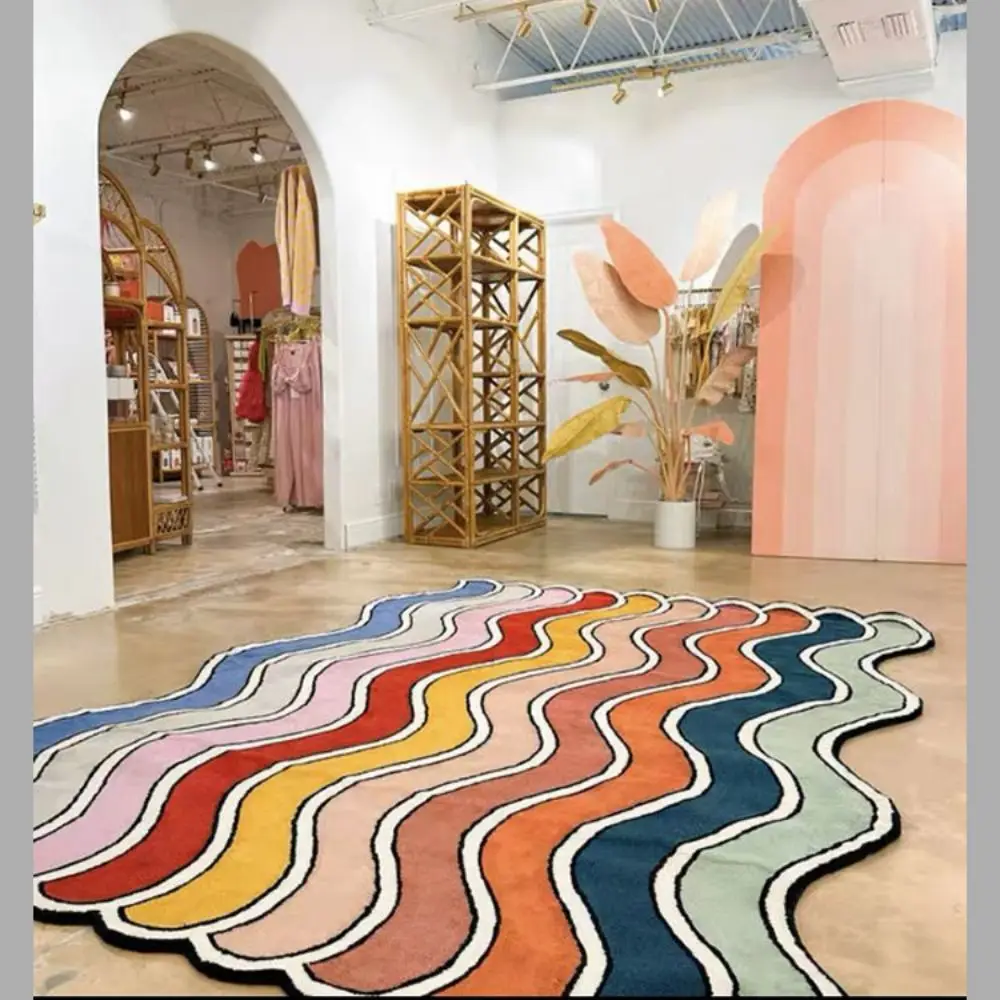 VIKAMA Kreativer Regenbogen-Wellen-Teppich, Nachttischdecke, saugfähige Badezimmer-Bodenmatte, Wohnzimmer, Sofa, Couchtisch, Teppich, leicht zu reinigen