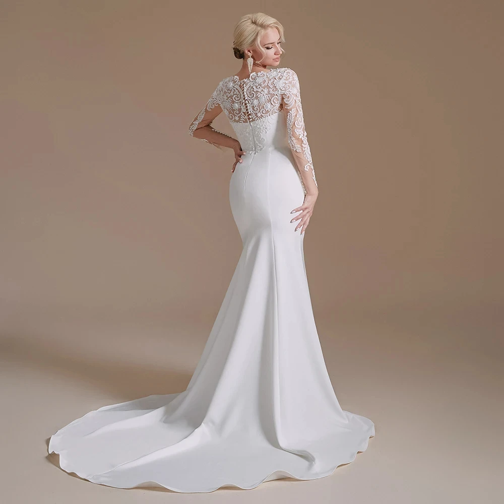 Luxe Trouwjurk Voor Dames 2024 Kanten Appliques Kralen Bruidsjurk Ronde Hals Lange Mouwen Hoftrein Zeemeermin Robe De Mariée