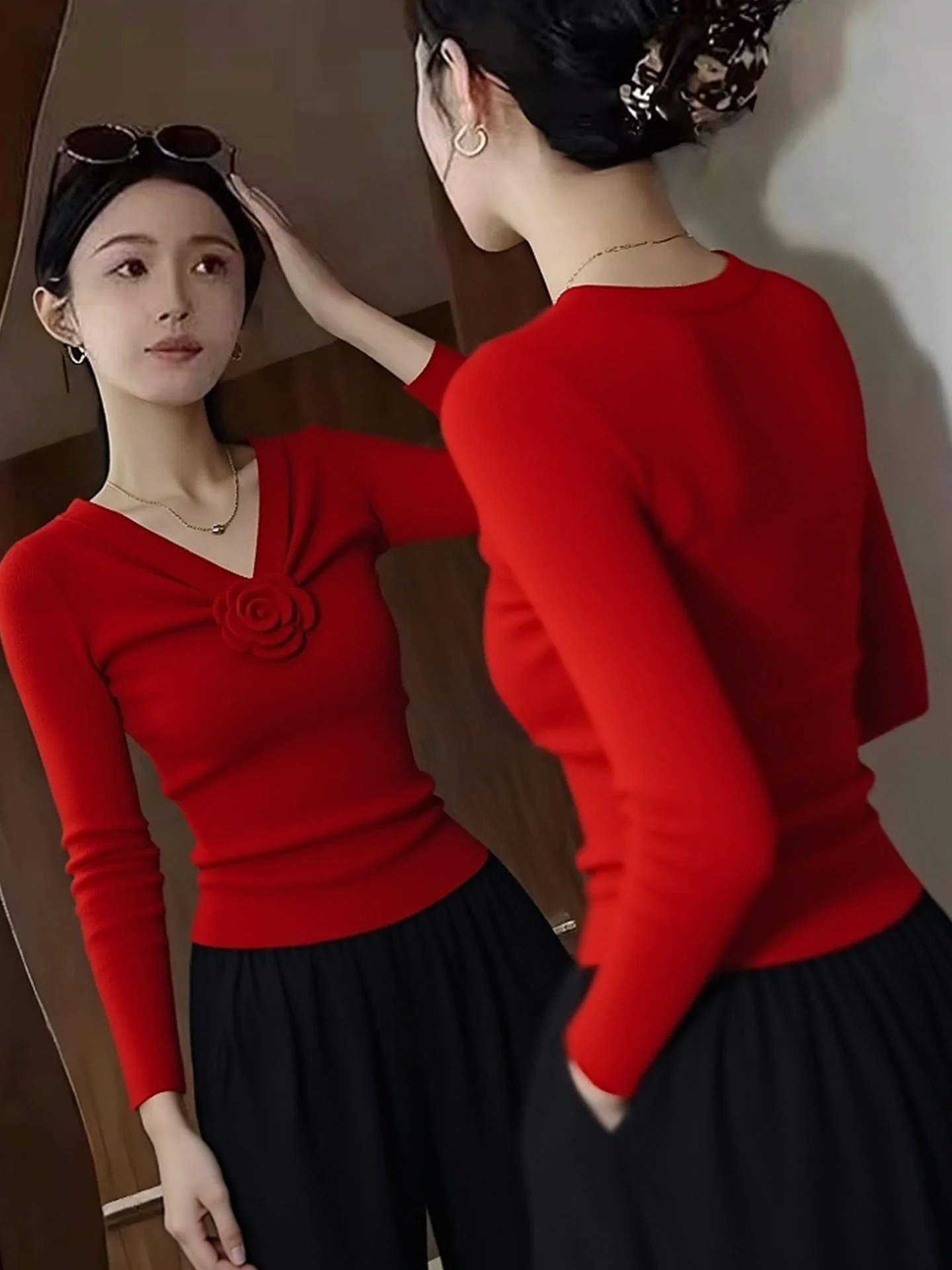 

Slimming Long Sve Knitted Sweater Red Flower Design Winter Base Layer Top Women's Faion Commute Sle Korean Fit