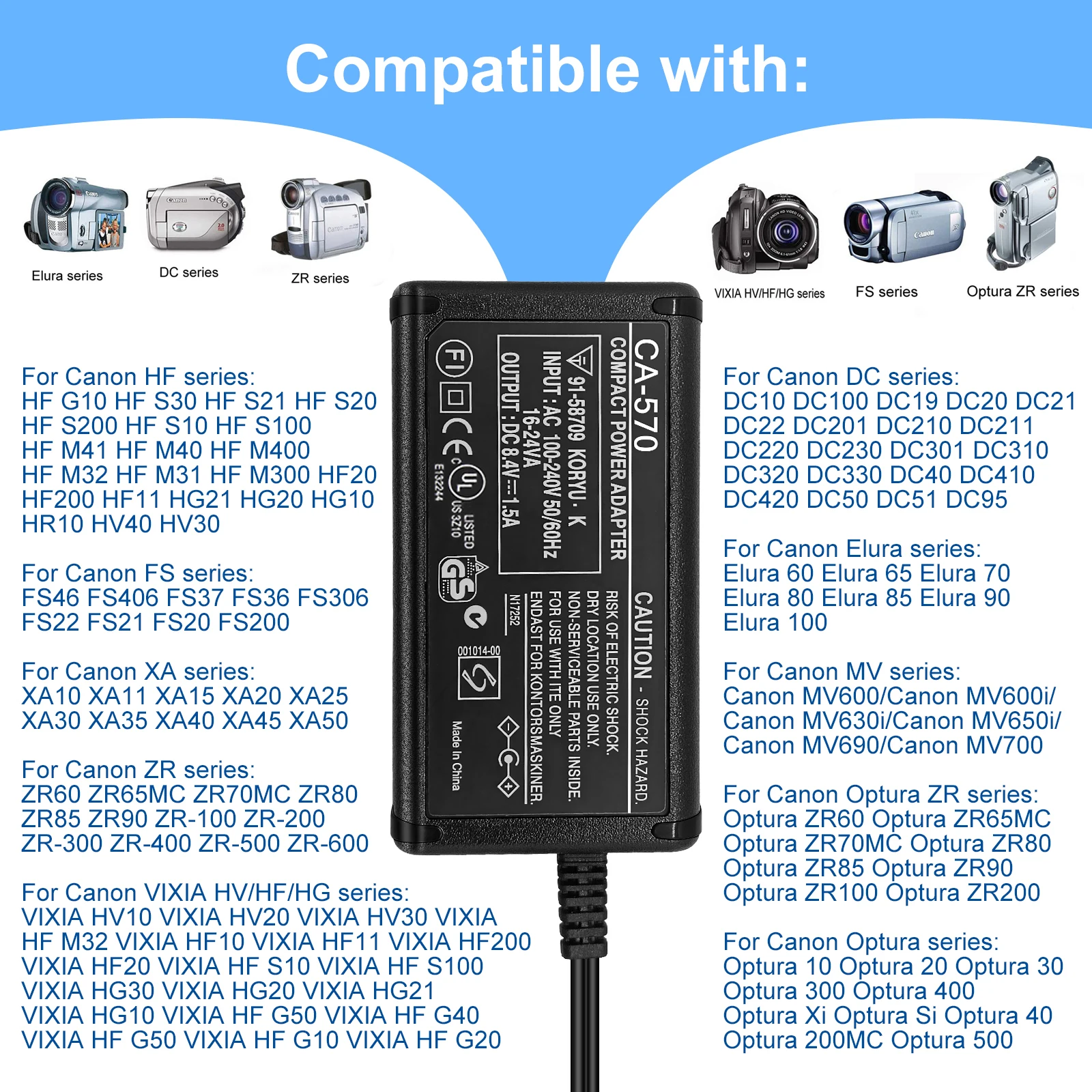 CA-570 CA-570K AC adapter charger For Canon DC10 DC19 DC20 DC21 DC22 DC40 DC50 DC51 DC95 DC100 DC201 DC210 DC211 DC220 Camera
