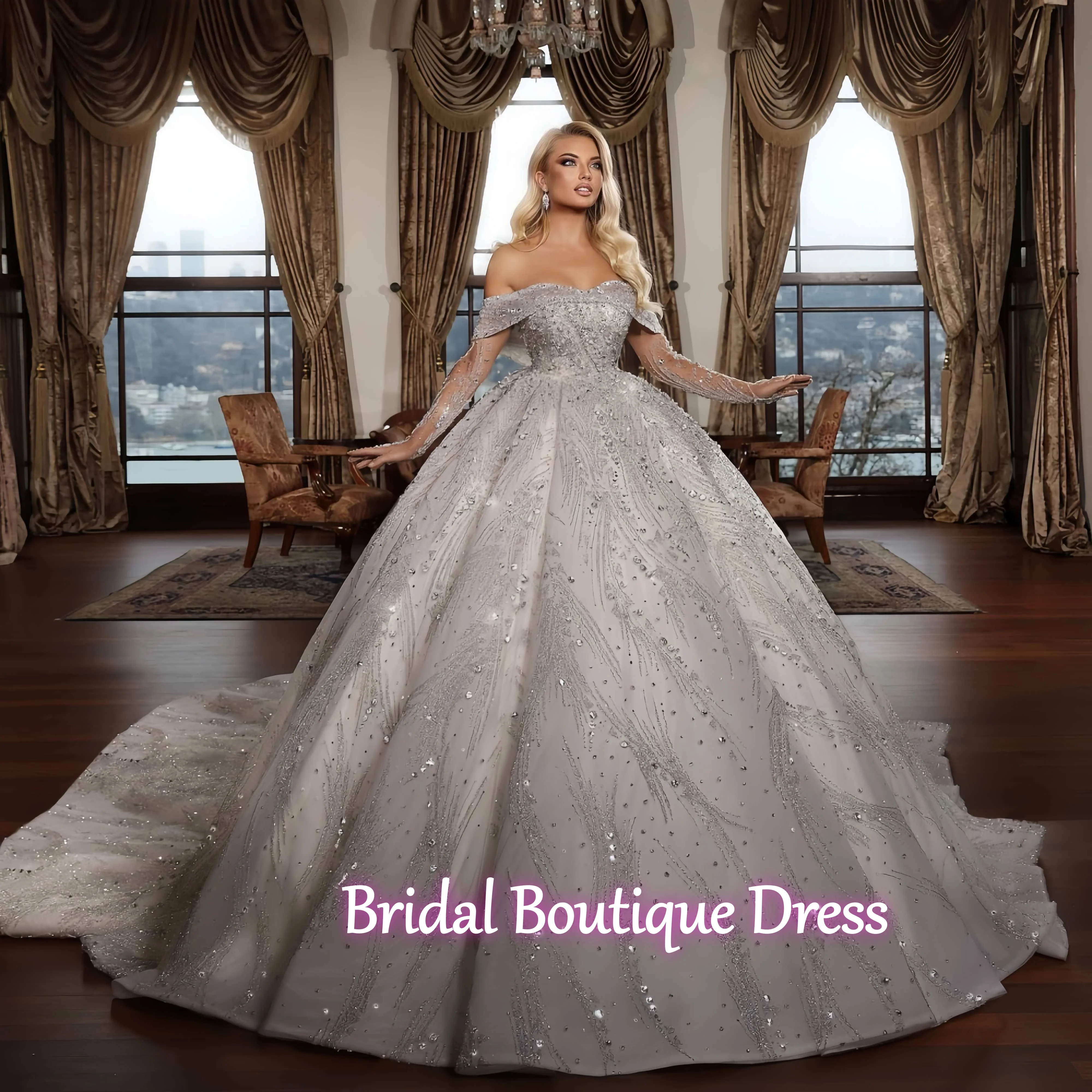 Роскошное блестящее свадебное платье с вырезом сердечком и шлейфом по индивидуальному заказу, очаровательное свадебное платье с открытыми плечами, платья для невесты