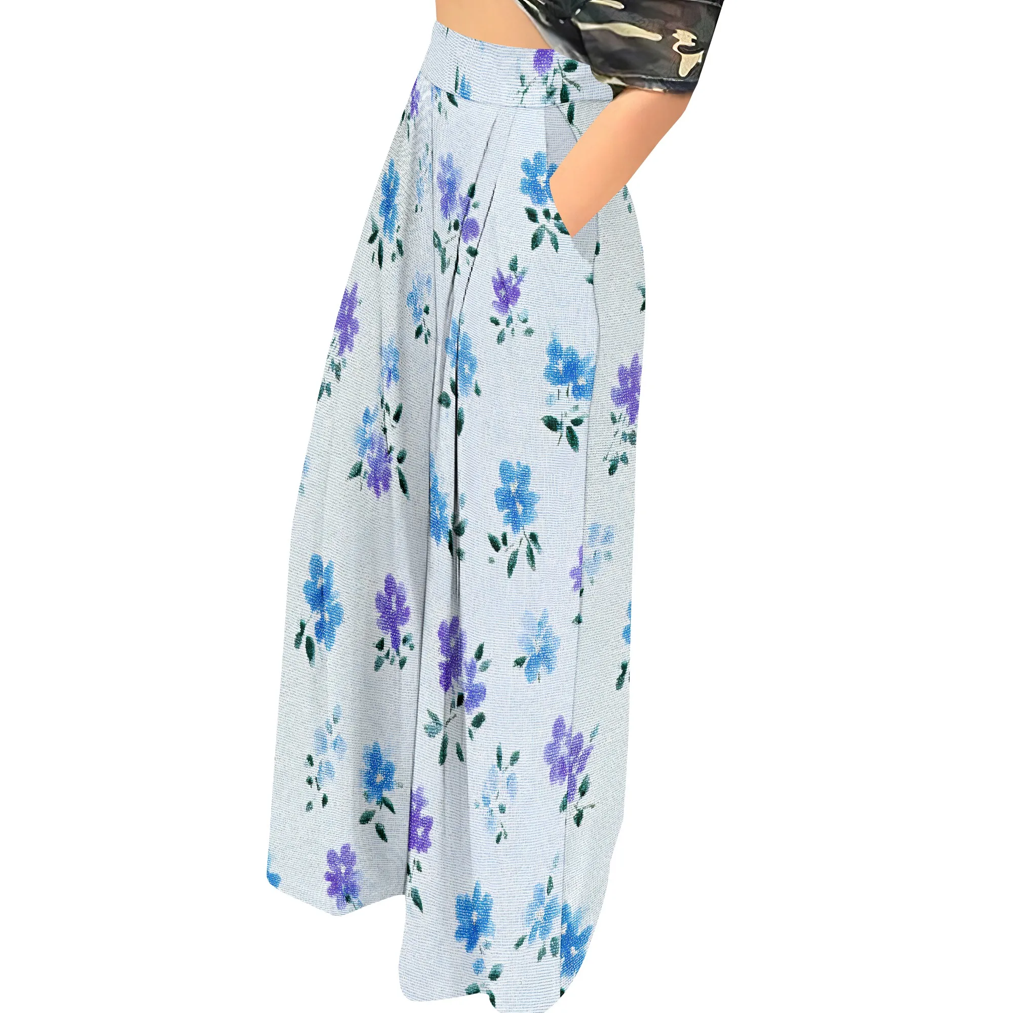 Blue Floral High Waist Wide Leg Pants, Summer Print Trousers, Casual Loose Fit with Pockets, Beach Vacation Style, S-2XL