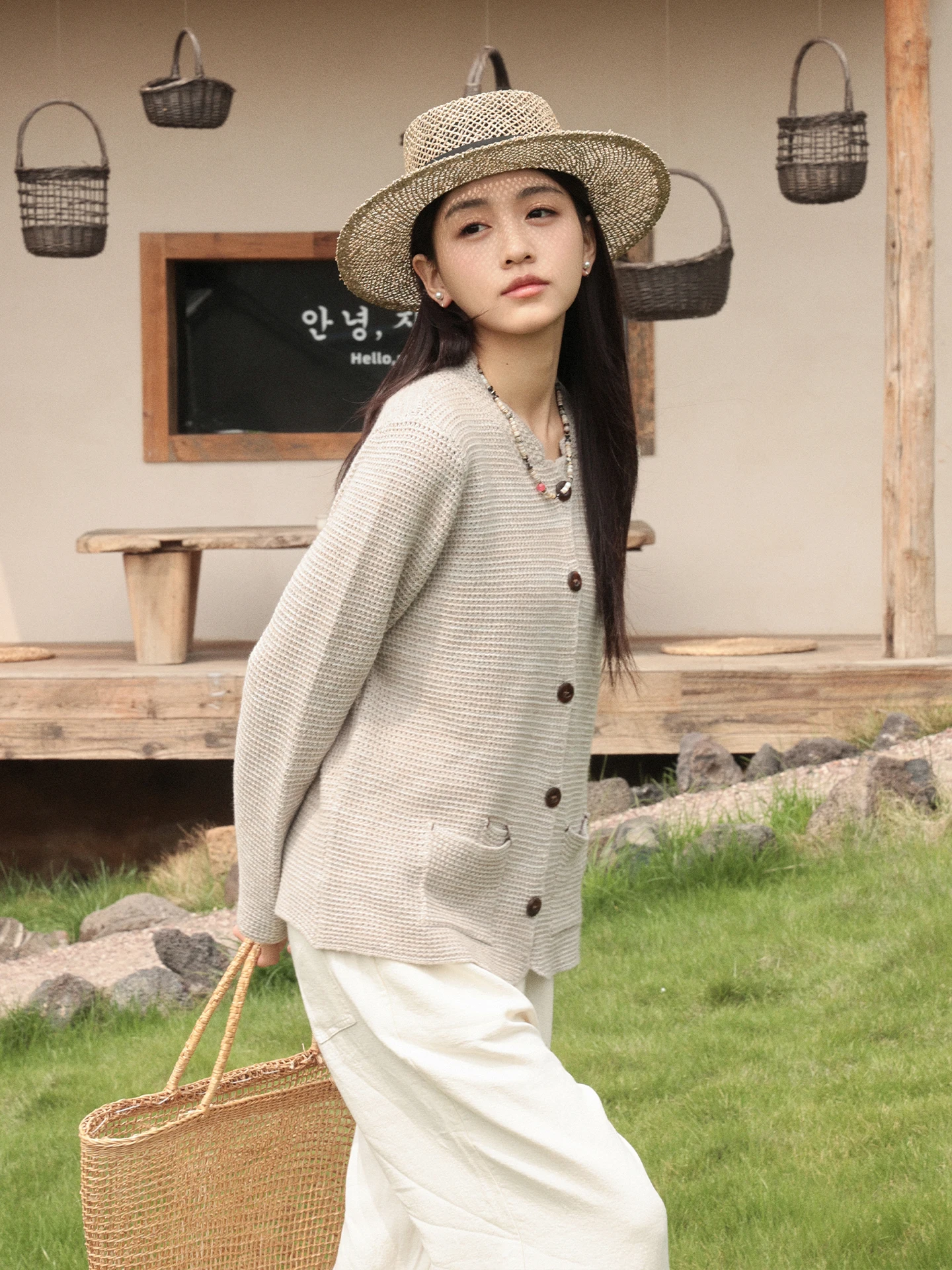 

Maang Cotton Linen Knitted Open Cardigan Women's Early Spring Old Money Sle Stand Collar Hollow out Top FSY6006