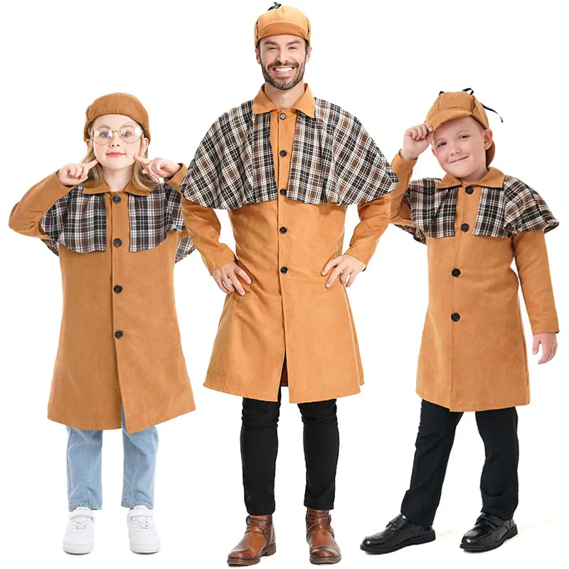 

Adult Men Plaid Cape Detective Cosplay Costume Parent-child Jacket Doctor Who Outfit With Hat Halloween Reasoning Game Dress Up