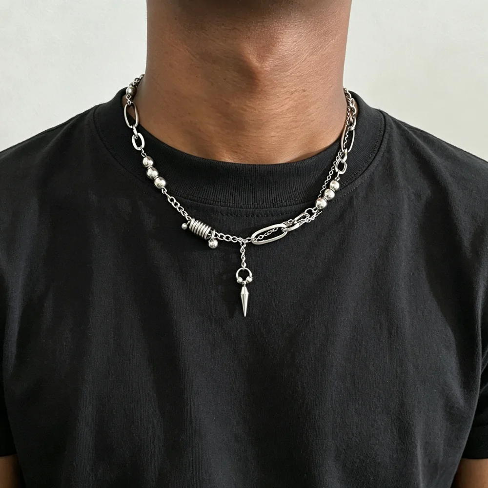 Hip-Hop-Herren-Halskette mit Kettengliedern, Retro-Silberfarben-Nietenanhänger, Modischer Edelstahlschmuck – Detail 1