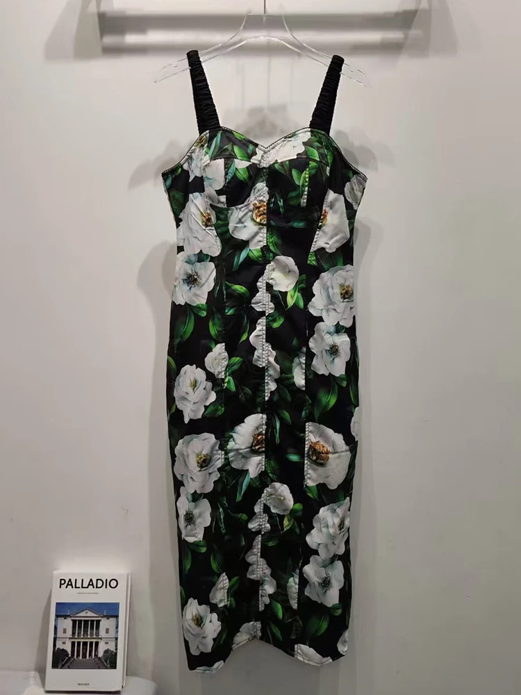 

Retro print sexy halter strapless cinched waist dress 2025 summer women's fashion tight-fitting, body-hugging straight skirt