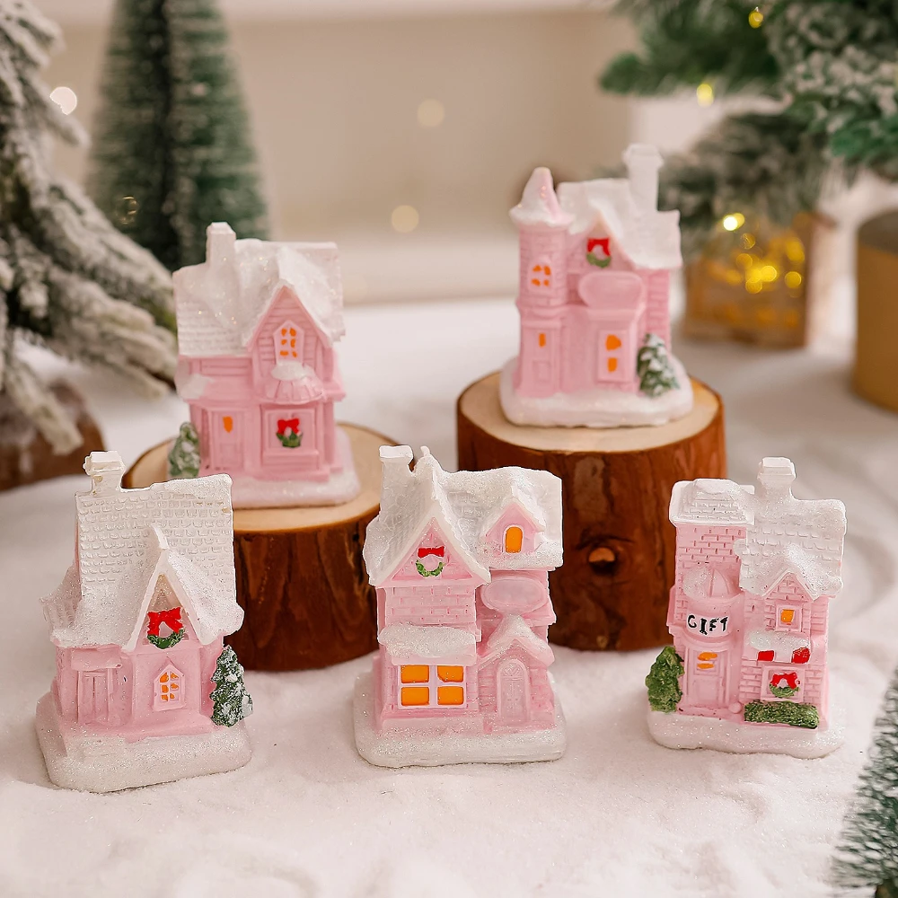 

Christmas Decoration Small Resin House Resin Miniature House LED Light Mini Building Living Room Festive Display Small Xmas Gift