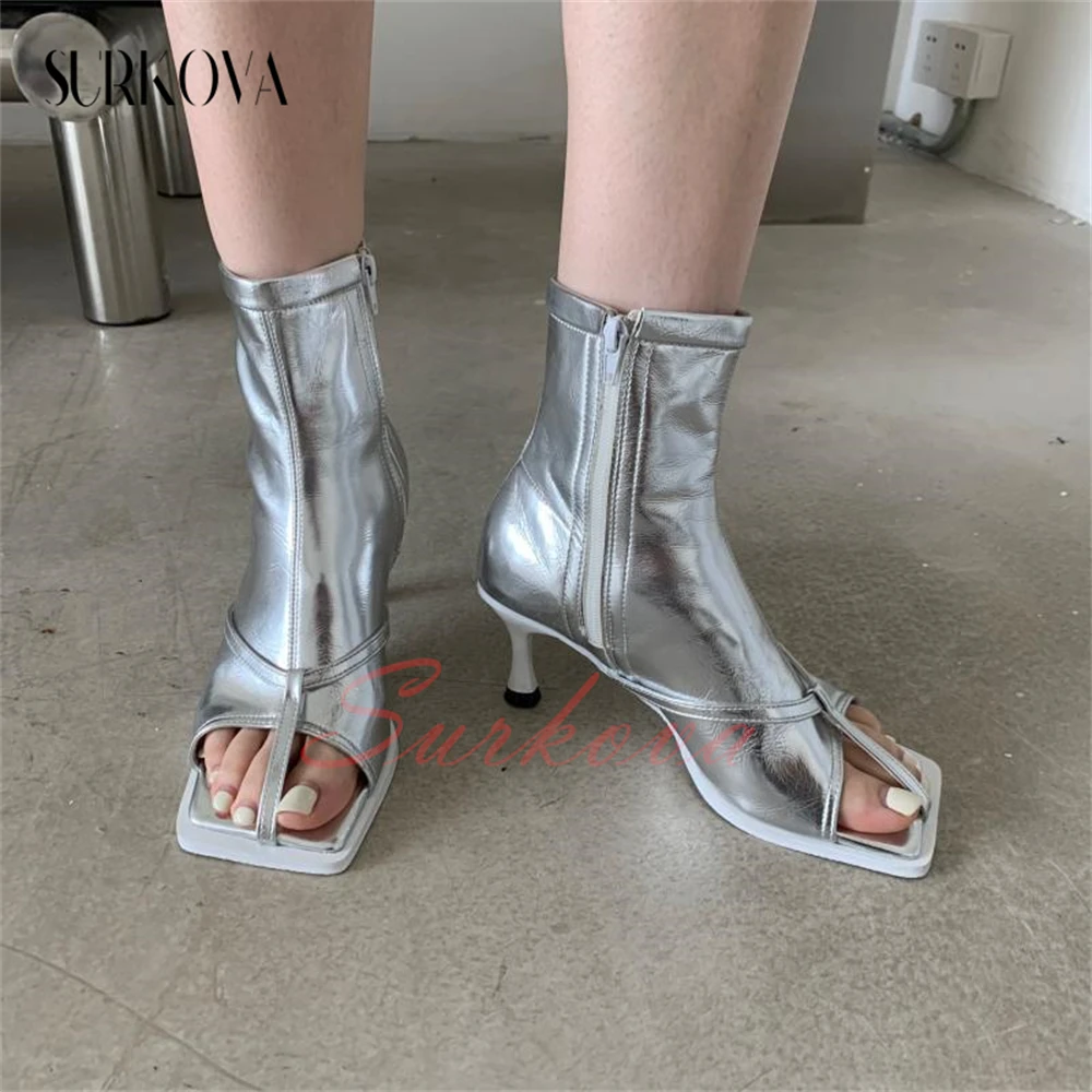 Thong Thin Strap High Heel Short Boots Women's Solid Color Square Open Toe Leather Boots Mid Heel Ankle Boots Fashion Shoes New