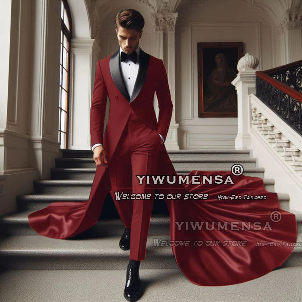 

Elegance Burgundy Groom Wedding Suits Slim Fit Black Peaked Lapel Jacket Long With Pants 2 Pieces Men's Tuxedos Tailored Blazer