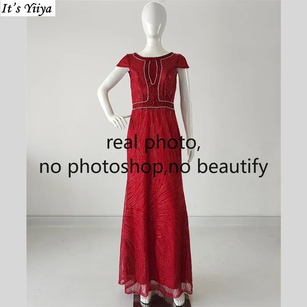 

It's Yiiya Evening Dresses Burgundy Beads Embroidery O-Neck Floor-length Short Sleeves Plus size Woman Formal Party Gown A174