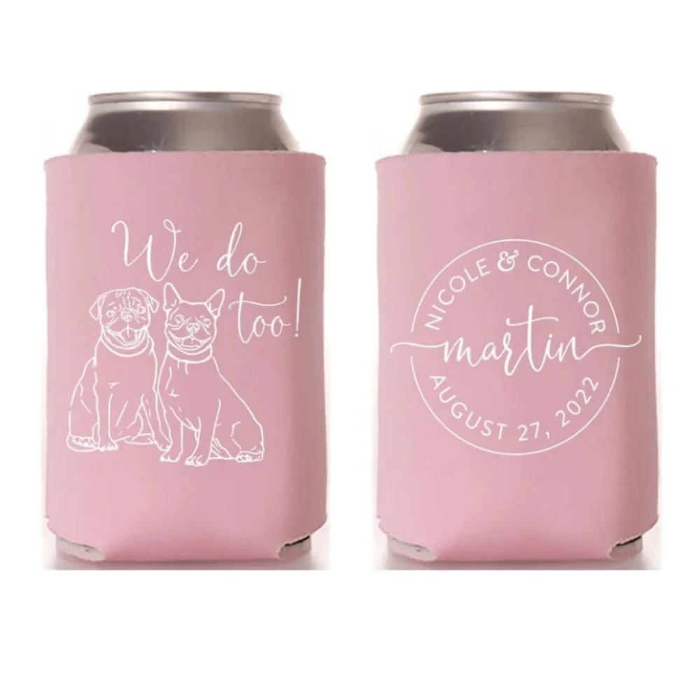 

Personalized Wedding Can Cooler -Custom Pet Illustration- We do too！- Wedding Favors,Beverage Holder, Can Insulator,Beer Huggers