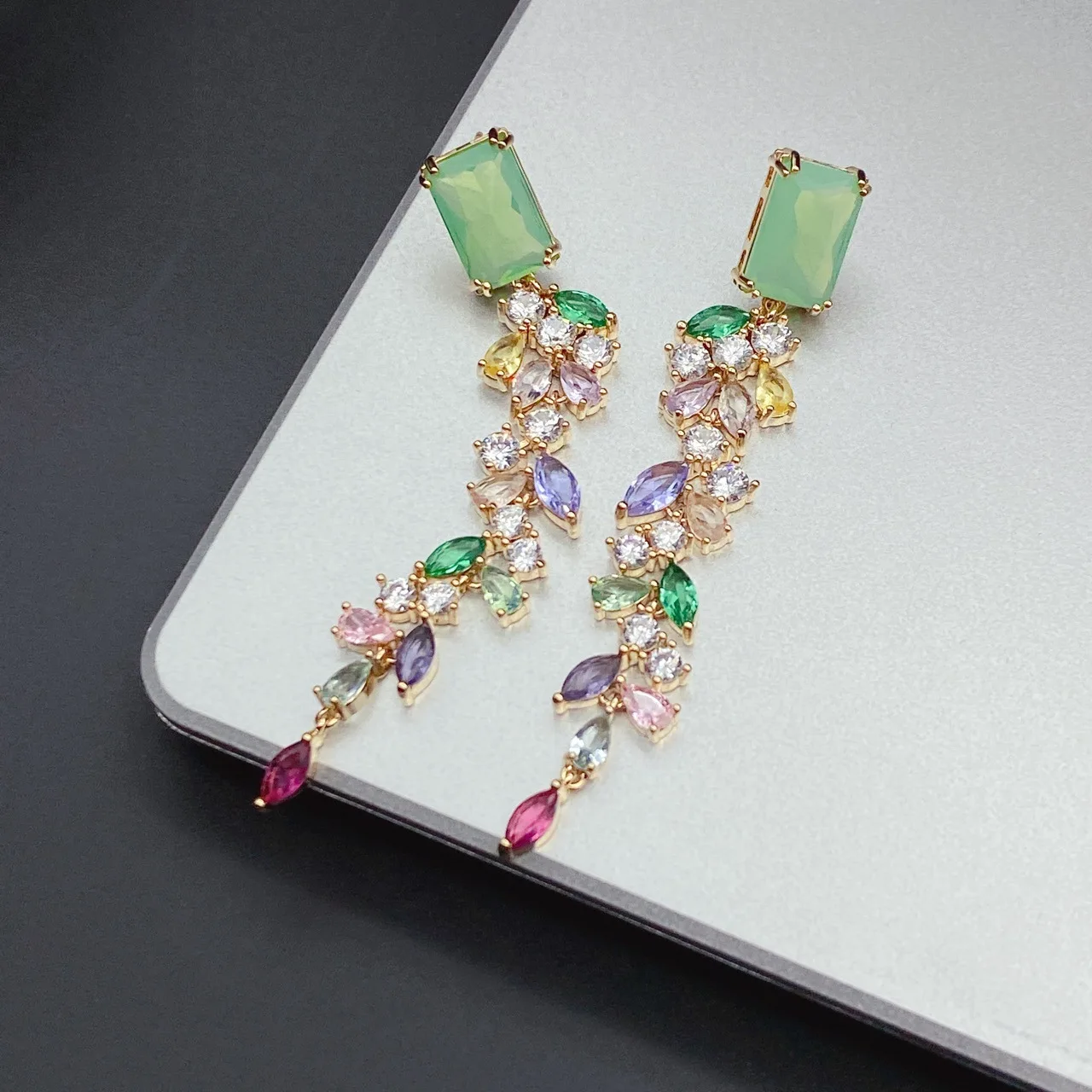 Bilincolor Green Leaf Long Tassel Cubic Zirconia Earring for Women Wedding Jewelry