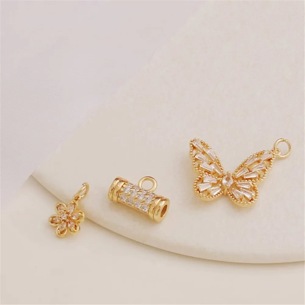 

14K Gold Color Inlaid Zircon Butterfly Tee Pendant, Small Flower, DIY Handmade Bracelet, Necklace, Earrings Pendant