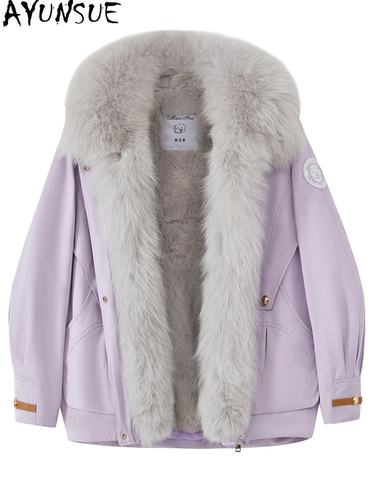 AYUNSUE الطبيعية ريكس الأرنب الفراء سترة النساء 2025 معطف الفرو الحقيقي الملابس الشتوية منتصف طويلة معطف واقٍ من المطر الثعلب الفراء طوق باخيلطو Жengarško