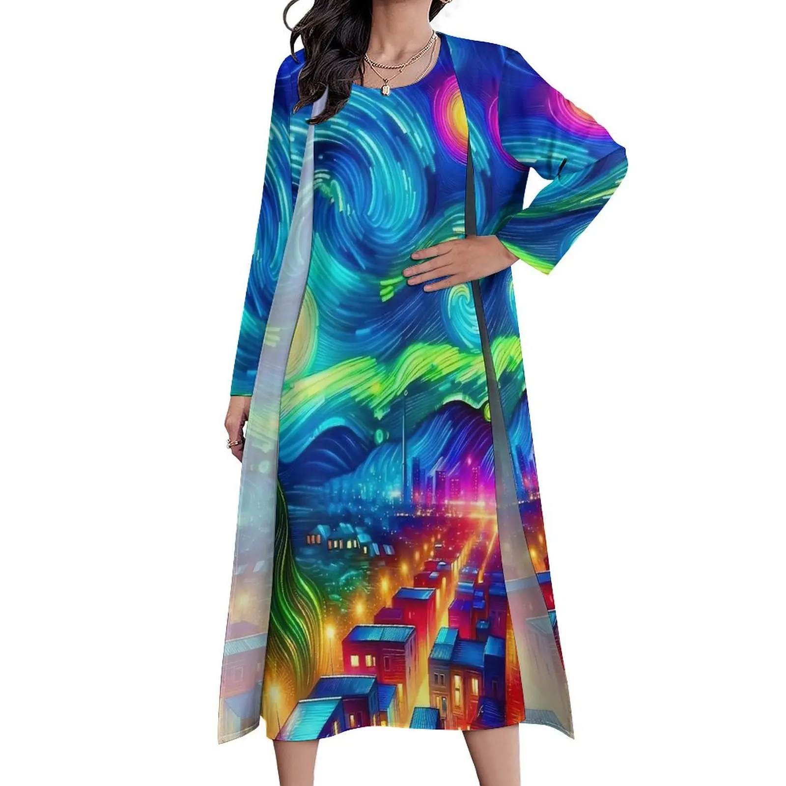 Colorful Starry Night Print Dress Spring  Street Wear Bohemia Long Dresses Womens Graphic Trendy Maxi Dress Big Size 5XL