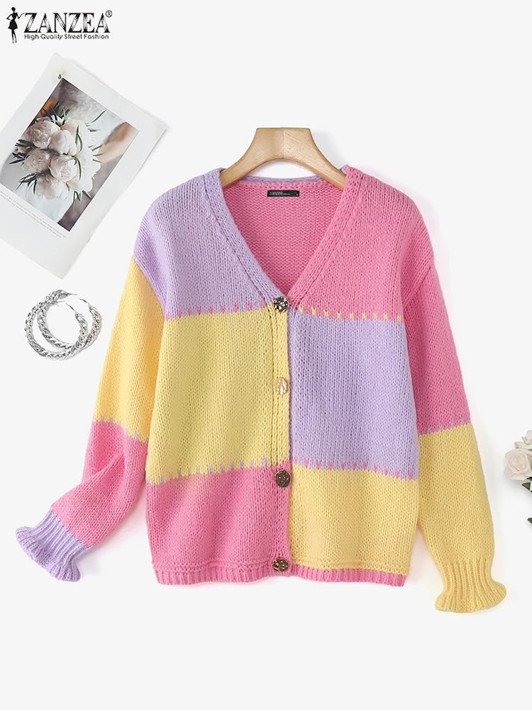 2025 zanzea malha cor retalhos blusas femininas moda manga longa malhas cardigans outono com decote em v casual solto jumpers